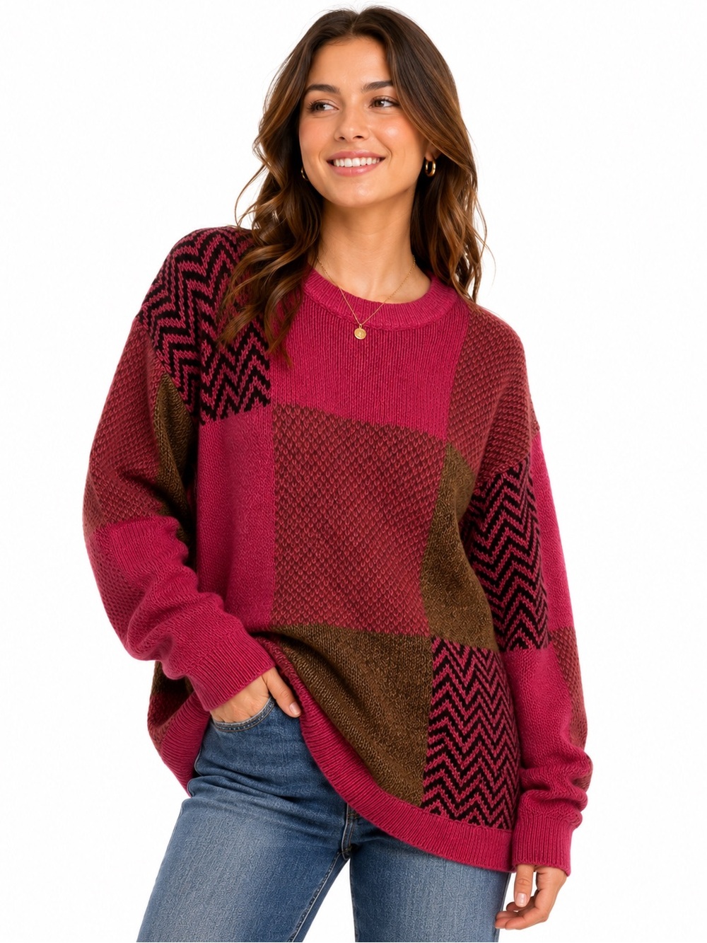 Vintage Knit Stitches Silk Angora Blend Patchwork Pink & BrownSweater Medium